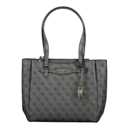 Guess Jeans Black Polyethylene Women Handbag with dual handles, three external pockets, and embossed logo pattern.