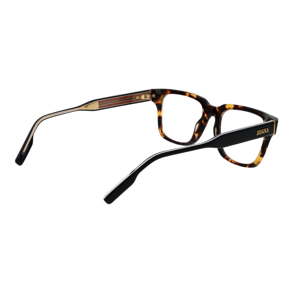 Ermenegildo Zegna Brown Men Glasses Frame in acetate, full-rim rectangle design with demo lenses, size 52-18-145, includes branded case.