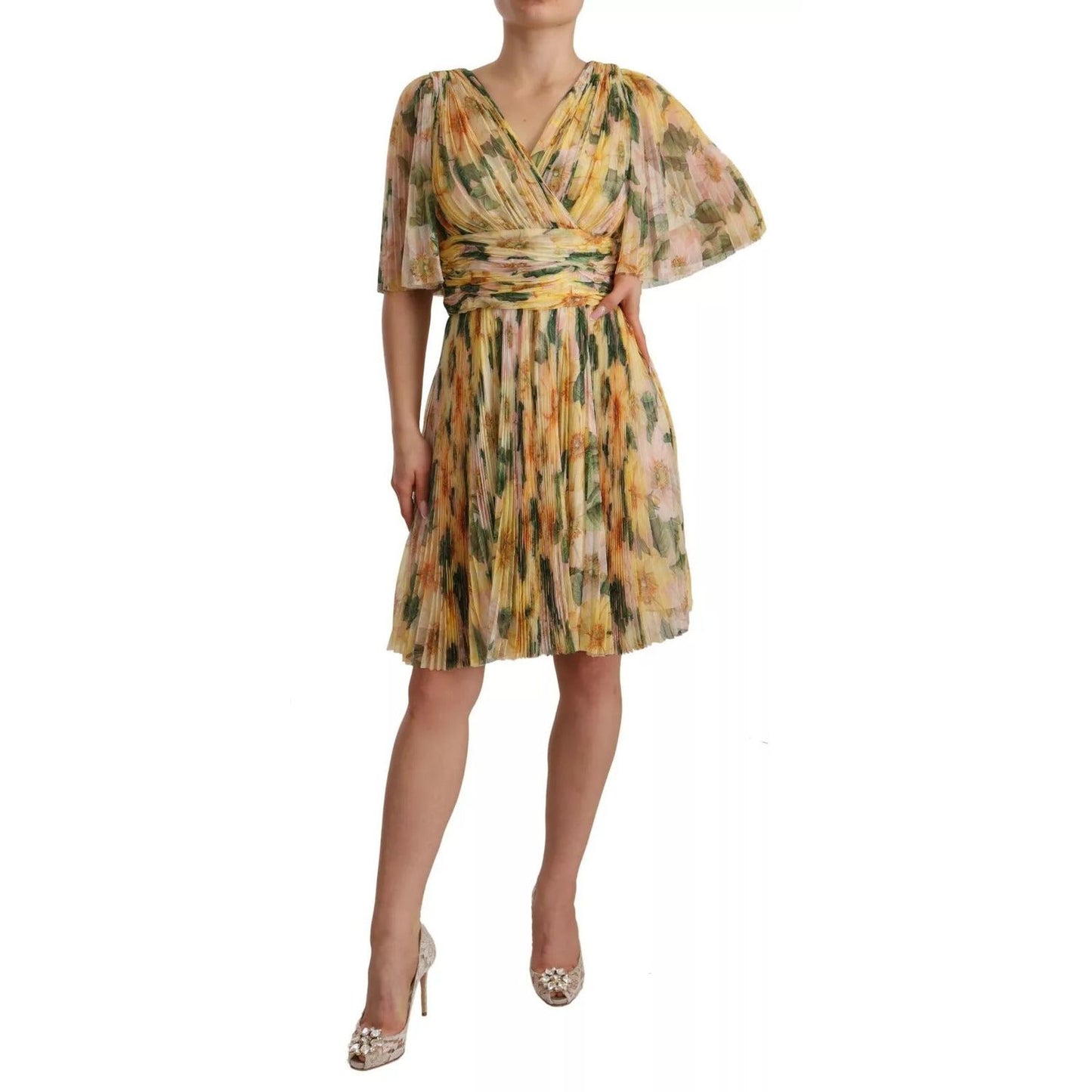 Dolce & Gabbana Yellow Floral Print Pleated Maxi Dress