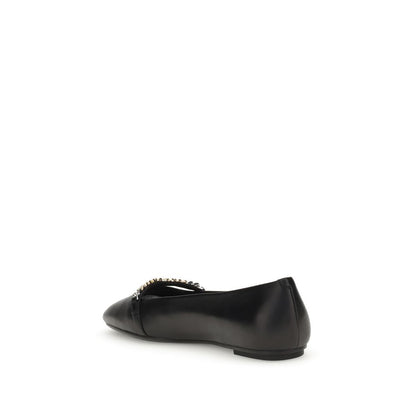 PINKO Black Calf Leather Bos Taurus Ballet Flats with decorative metal loop, side view on white background, elegant design.
