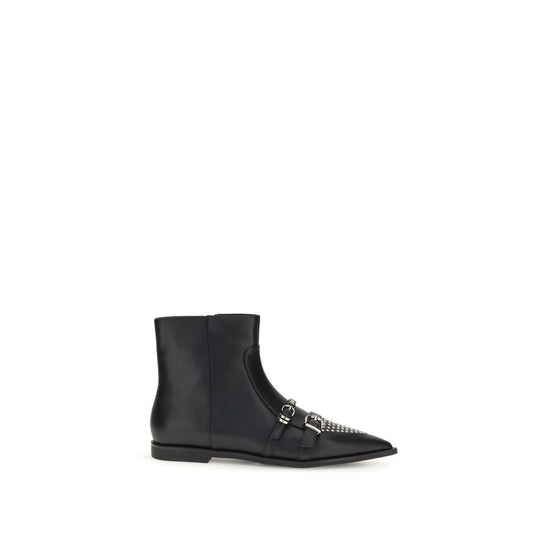 PINKO Black Calf Leather Bos Taurus Ankle Boots with buckles and studs, featuring bold design and urban-chic style.