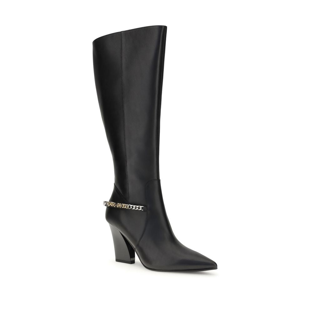 PINKO Black Nylon Boots with asymmetric heel, logo chain, and side zipper for a bold, contemporary AW25 style.