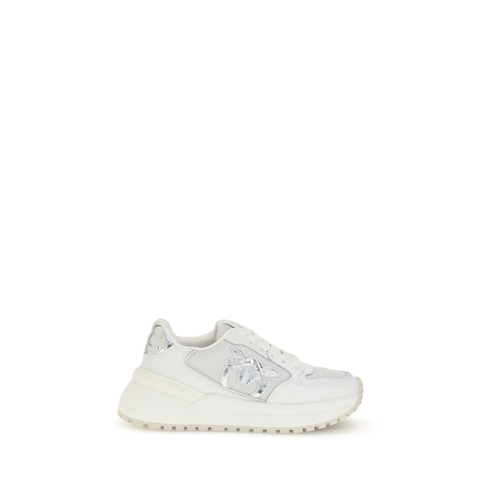 PINKO White Calf Leather Bos Taurus Chunky Sneakers with Love Birds logo and mirrored detail, AW25, on white background.