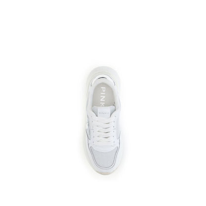 Top view of PINKO White Calf Leather Bos Taurus Chunky Sneakers with logo detail and cushioned sole.