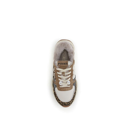 Top view of PINKO Multicolor Leather Chunky Sneakers with leopard print, fur lining, and logo applique featuring a lace-up closure.