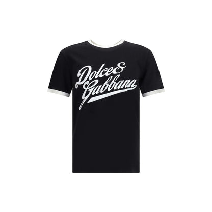 Dolce & Gabbana Black Cotton T-Shirt with velvet print, classic fit, ribbed crew neck, 100% cotton. AW25 collection, versatile and stylish design.