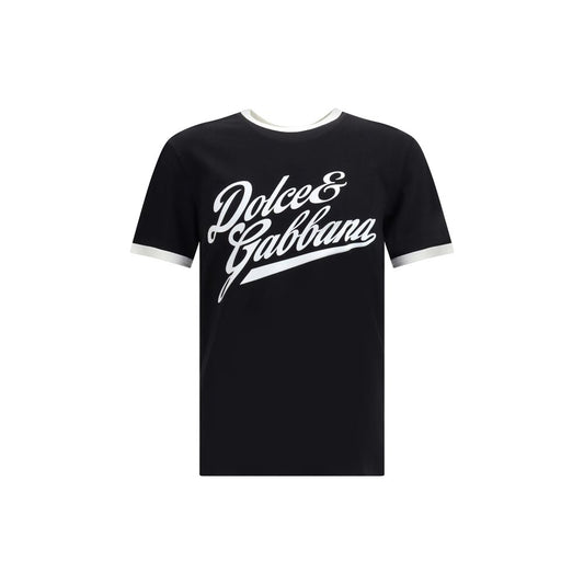 Dolce & Gabbana Black Cotton T-Shirt with velvet print, classic fit, ribbed crew neck, 100% cotton. AW25 collection, versatile and stylish design.