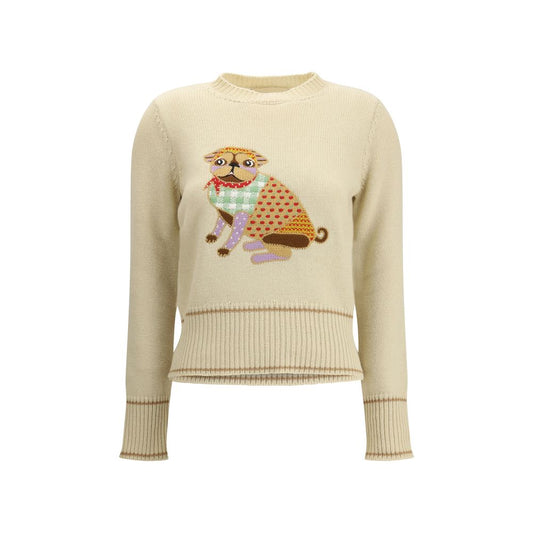 Valentino Cream Fleece Wool Sweatshirt with Le Chien de la Maison embroidery, crew neck and ribbed trim.