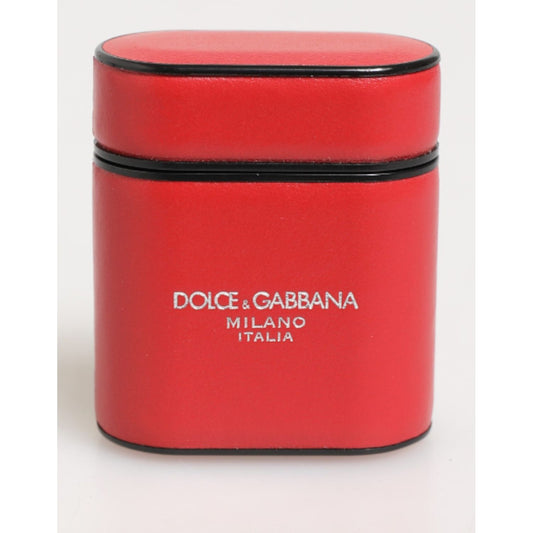 Dolce & Gabbana Red White Calfskin Leather Logo Flip Holder Airpods Case in premium red calfskin with iconic logo print.