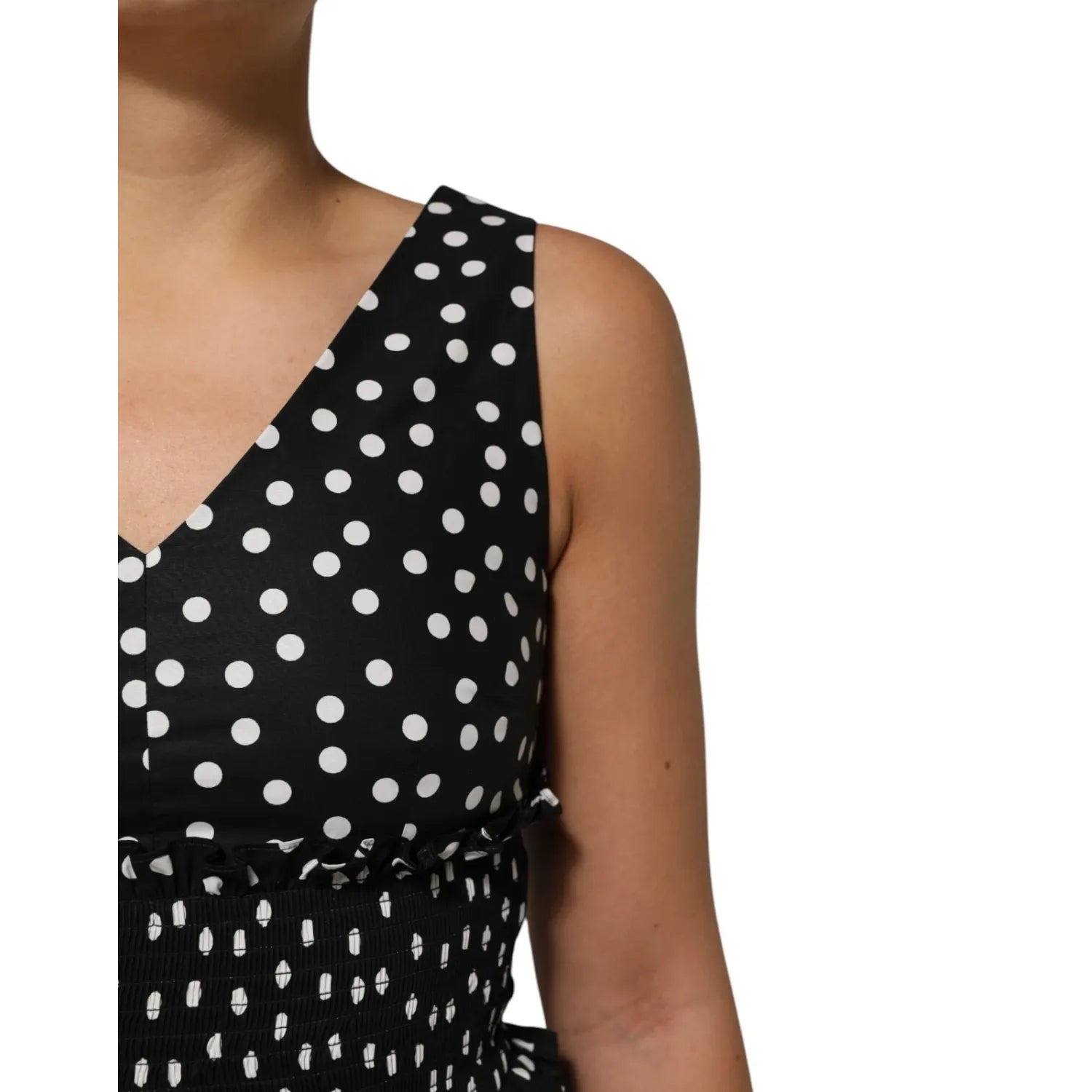 Dolce & Gabbana Black White Cotton Polka Dot Print V Neck Dress