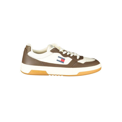Tommy Hilfiger White Leather Men Sneaker with brown accents and iconic logo, designed for comfort and style.