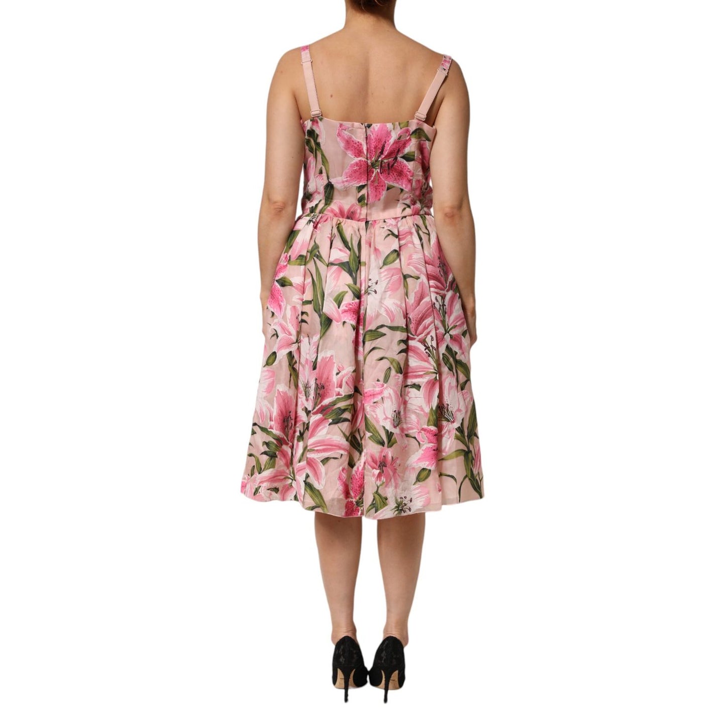 Dolce & Gabbana Pink Floral Lily Print Midi Sleeveless Dress