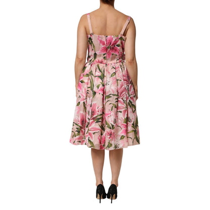 Dolce & Gabbana Pink Floral Lily Print Midi Sleeveless Dress