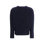 Back view of navy Allude Cashmere Sweater featuring ribbed hem and crew neck, designed for elegance and comfort in AW25 collection.