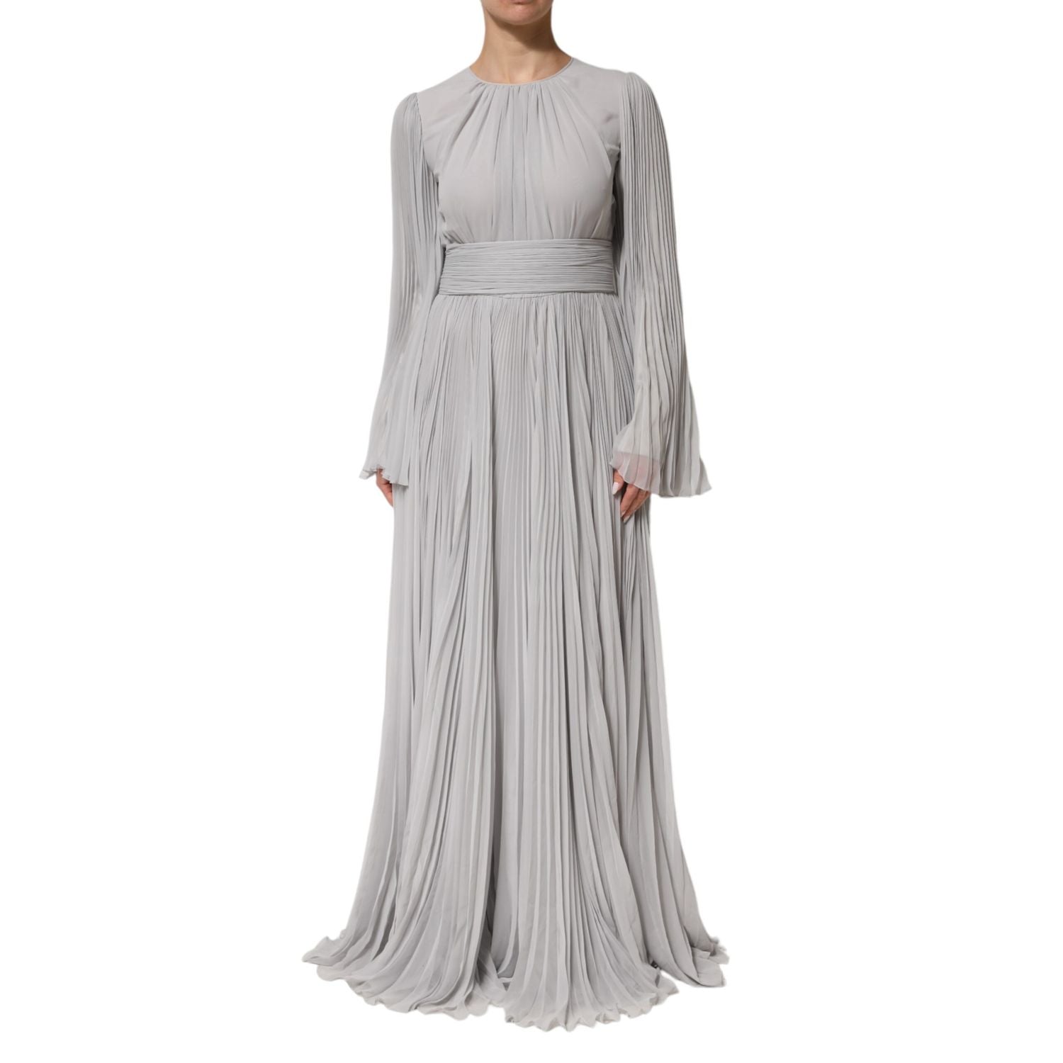 Dolce & Gabbana Grey Pleated Maxi Long Sleeve Silk Blend Gown Dress