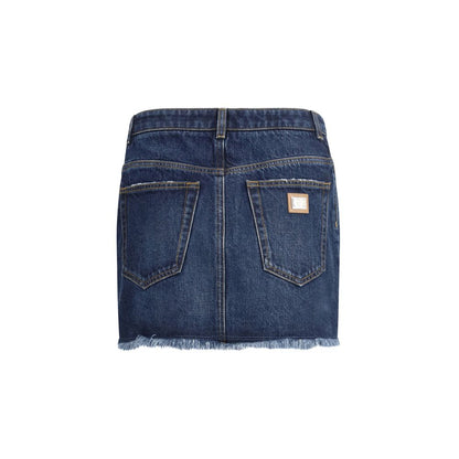 Dolce & Gabbana Blue Cotton Mini Skirt with frayed hem, back logo plaque, and classic five-pocket design.