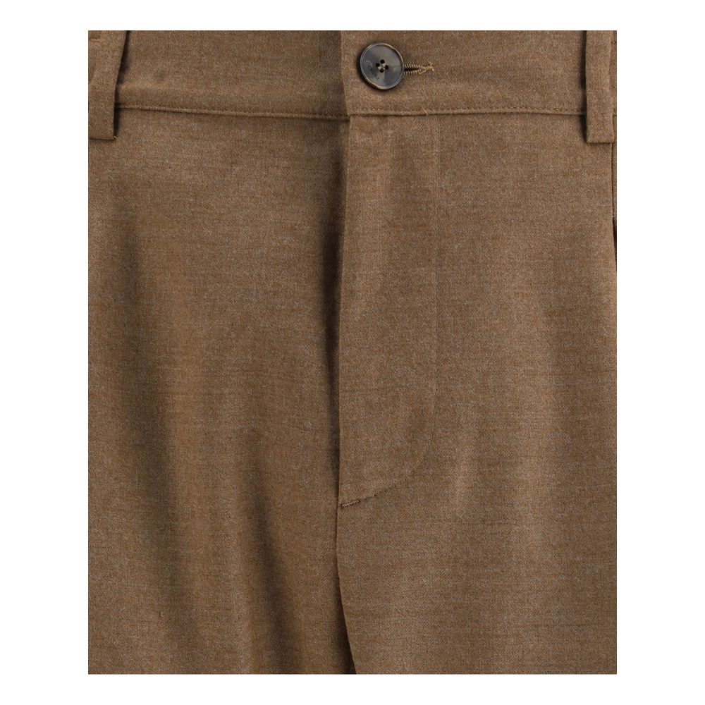 Close-up of Cruna Brown Fleece Wool Casual Pants showing button and fabric texture, perfect for a polished casual look.