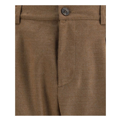 Close-up of Cruna Brown Fleece Wool Casual Pants showing button and fabric texture, perfect for a polished casual look.