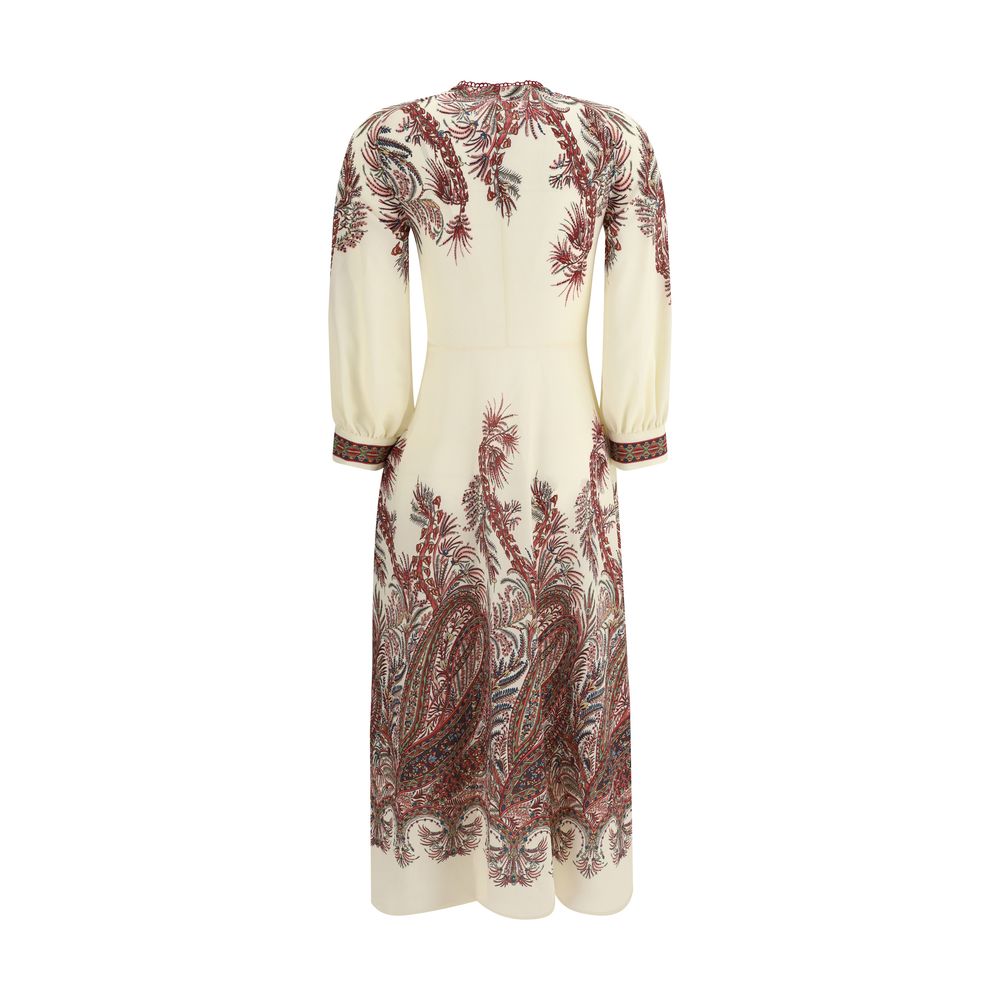 Etro Multicolor Polyester Casual Dress with floral Paisley print, metallic embossed Pegasus buttons, and balloon sleeves, back view.