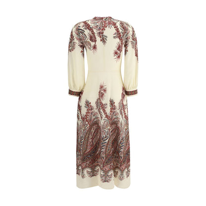 Etro Multicolor Polyester Casual Dress with floral Paisley print, metallic embossed Pegasus buttons, and balloon sleeves, back view.