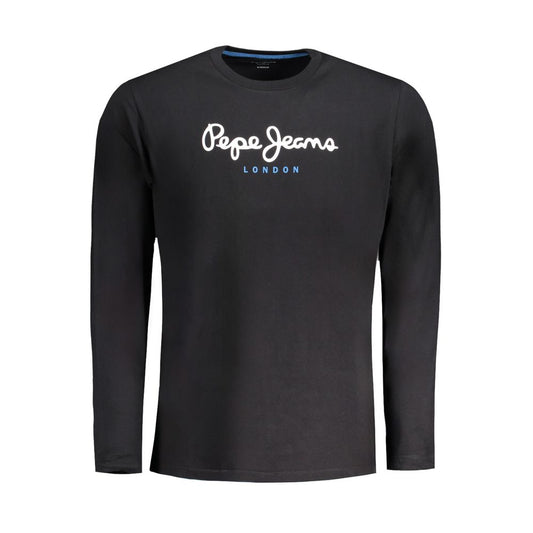 Pepe Jeans Black Cotton T-Shirt, long sleeve, crew neck, logo print, regular fit, 100% sustainable cotton for eco-friendly fashion.