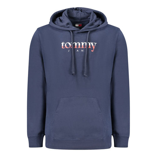 Tommy Hilfiger Blue Cotton Men Sweater with hood and logo print, featuring central pocket and brushed interior for comfort.