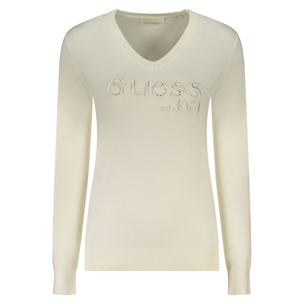 Guess Jeans White Viscose Women Sweater with embroidery and rhinestones, long-sleeved V-neck for stylish versatility and luxury.