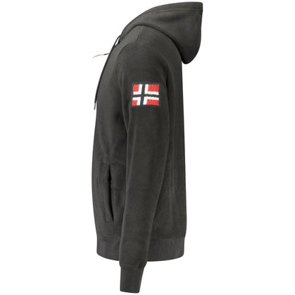 Side view of Norway 1963 Black Polyester Men Sweatshirt with hood, featuring a flag patch on sleeve and practical external pockets.