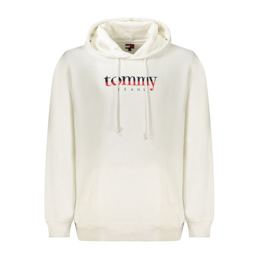 Tommy Hilfiger White Cotton Men Sweater with iconic logo on front, long sleeves, hood, and central pocket for casual eco-friendly style.