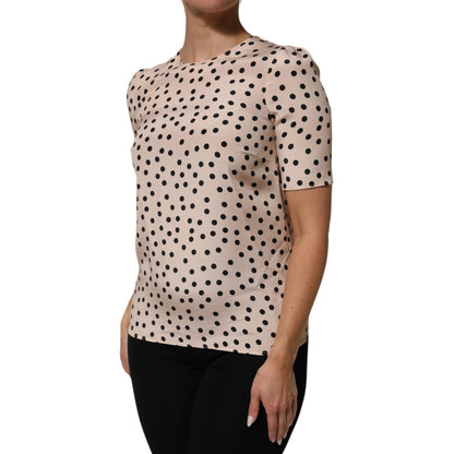 Dolce & Gabbana Beige Black Polka Dot Silk Short Sleeve Blouse Top