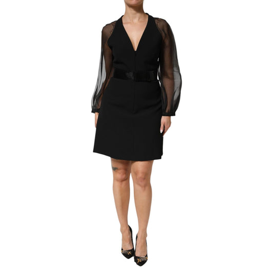 Emporio Armani Black Sheer Sleeve Belted V-Neck Mini Dress with sheer sleeves and belted waist, perfect for evening occasions.