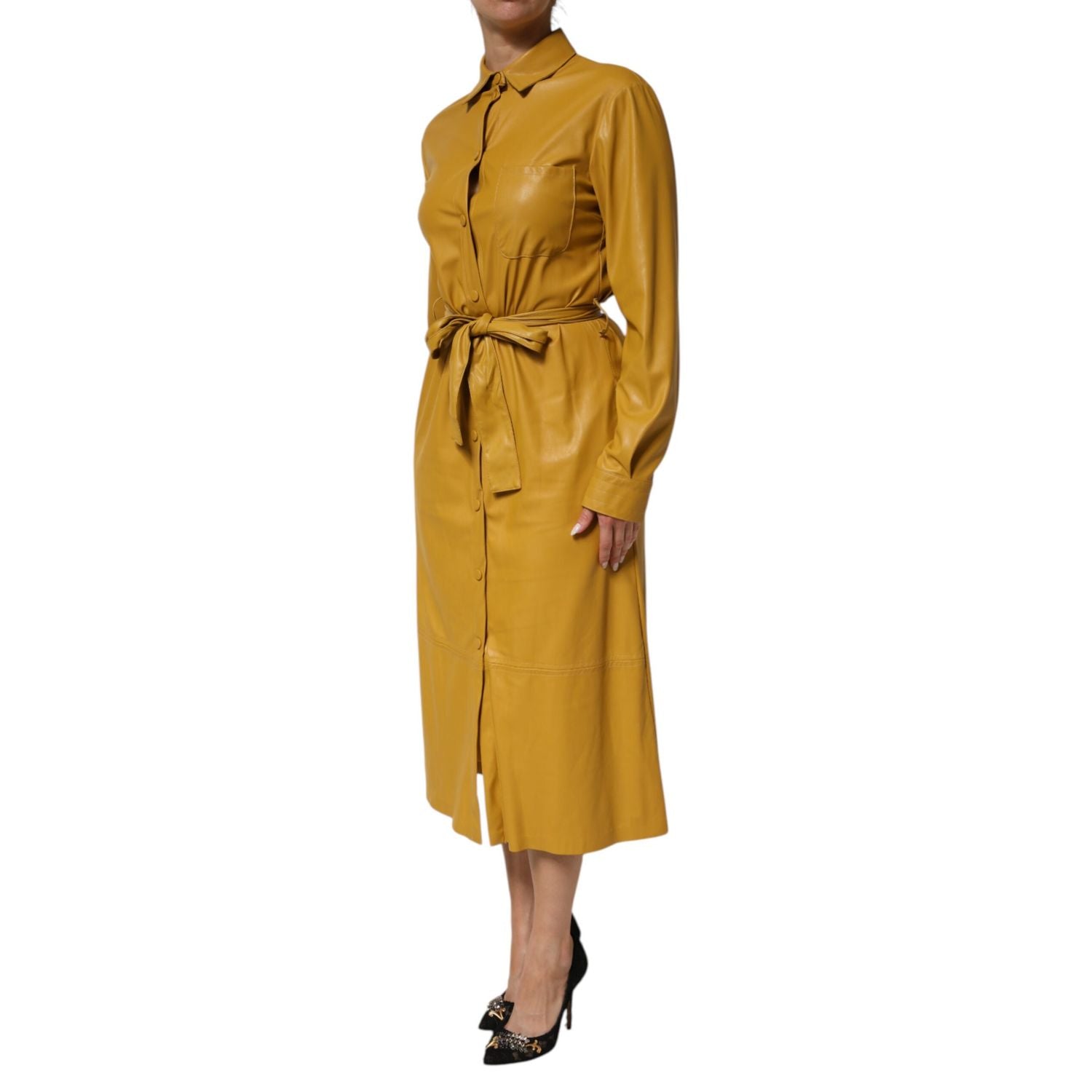 PINKO Polyester Belted Shirt Midi Long Sleeve Yellow Mustard