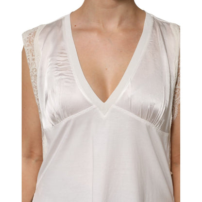 PINKO White Silk Blend Lace Trim Sleeveless V-Neck Women’s Top