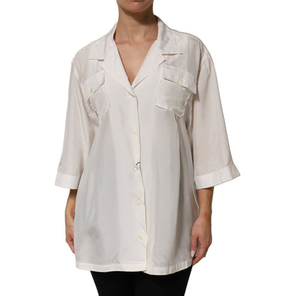 Dolce & Gabbana White Silk Collared 3/4 Sleeves Blouse Top