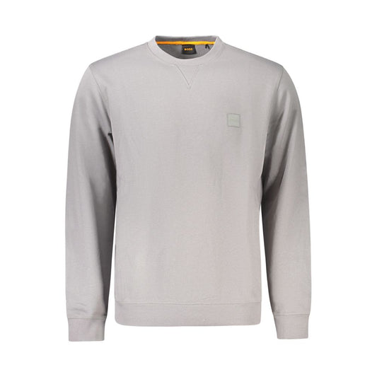 Hugo Boss Gray Cotton Men Sweater featuring long sleeves, crew neck, and embroidered logo for a sleek, sophisticated look.