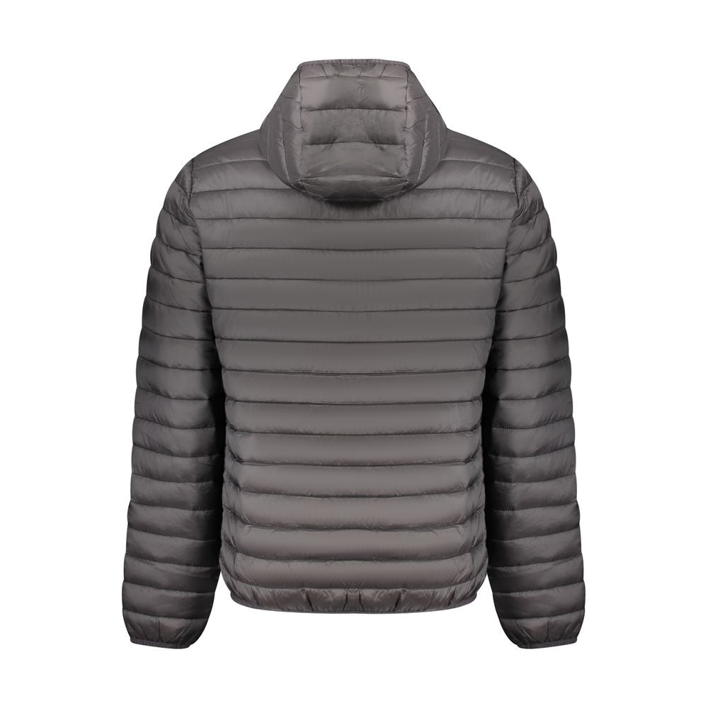 Back view of North Sails Black Polyester Men Jacket with hood and quilted padding, showcasing sleek design and functionality.
