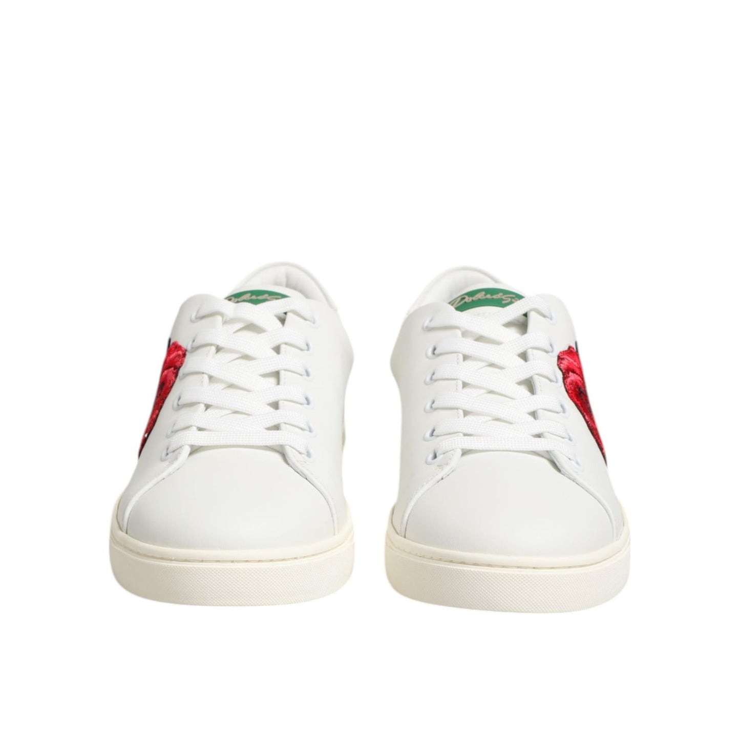 Dolce & Gabbana White Leather Rose Embroidery Low-Top Shoes