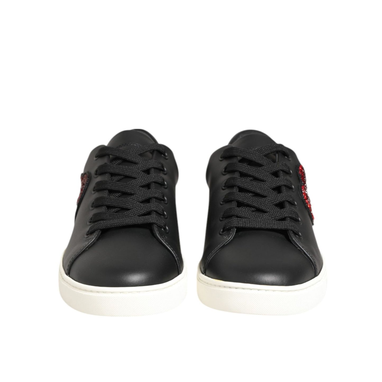 Dolce & Gabbana Black White Leather Crystal Heart Sneakers Shoes