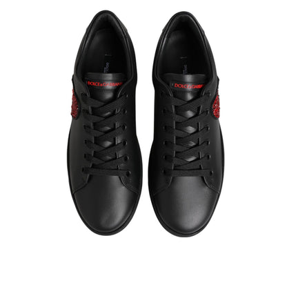 Dolce & Gabbana Black Leather Crystal Heart Low Top Sneakers Shoes