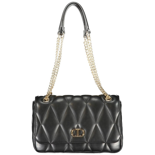 Twinset Black Polyethylene Women Handbag with chain handles and a snap closure, showcasing elegant and practical design.