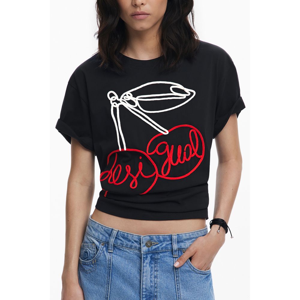 Desigual Black Cotton Women T-Shirt with chic embroidery and logo, casual short-sleeve top, perfect for bold, stylish fashion.