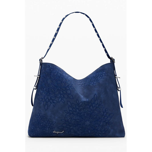 Desigual Blue Polyethylene Women Handbag with floral embroidery and adjustable strap.