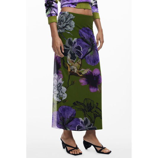 Desigual Green Polyester Women Skirt with floral tulle design and elasticated waist, showcasing bold colors and logo for stylish women.
