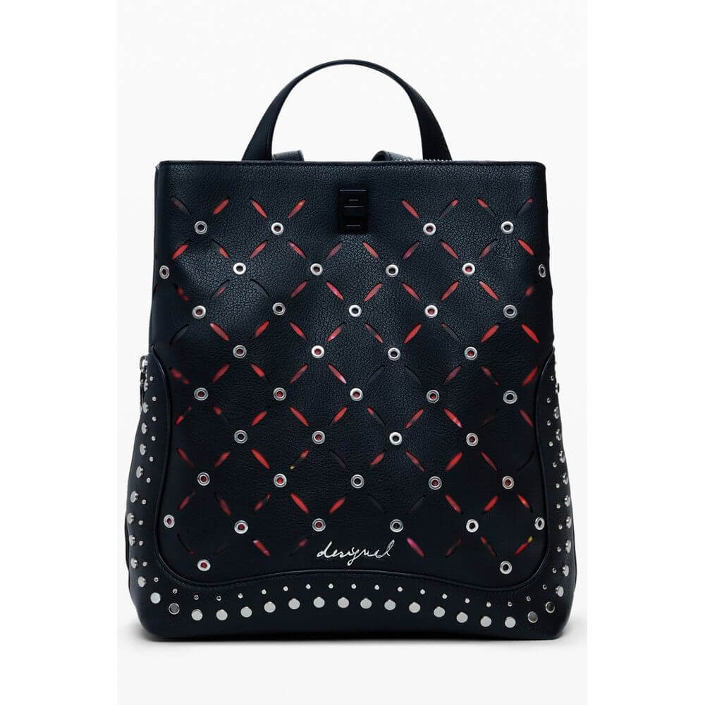 Desigual Black Polyethylene Women Backpack with studded finish and multiple compartments for style and practicality.