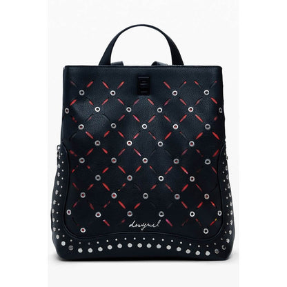 Desigual Black Polyethylene Women Backpack with studded finish and multiple compartments for style and practicality.