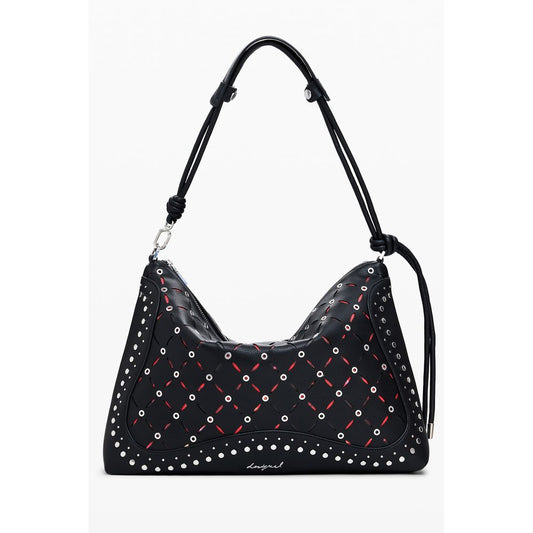 Desigual Black Polyethylene Women Handbag with studs and red details on white background