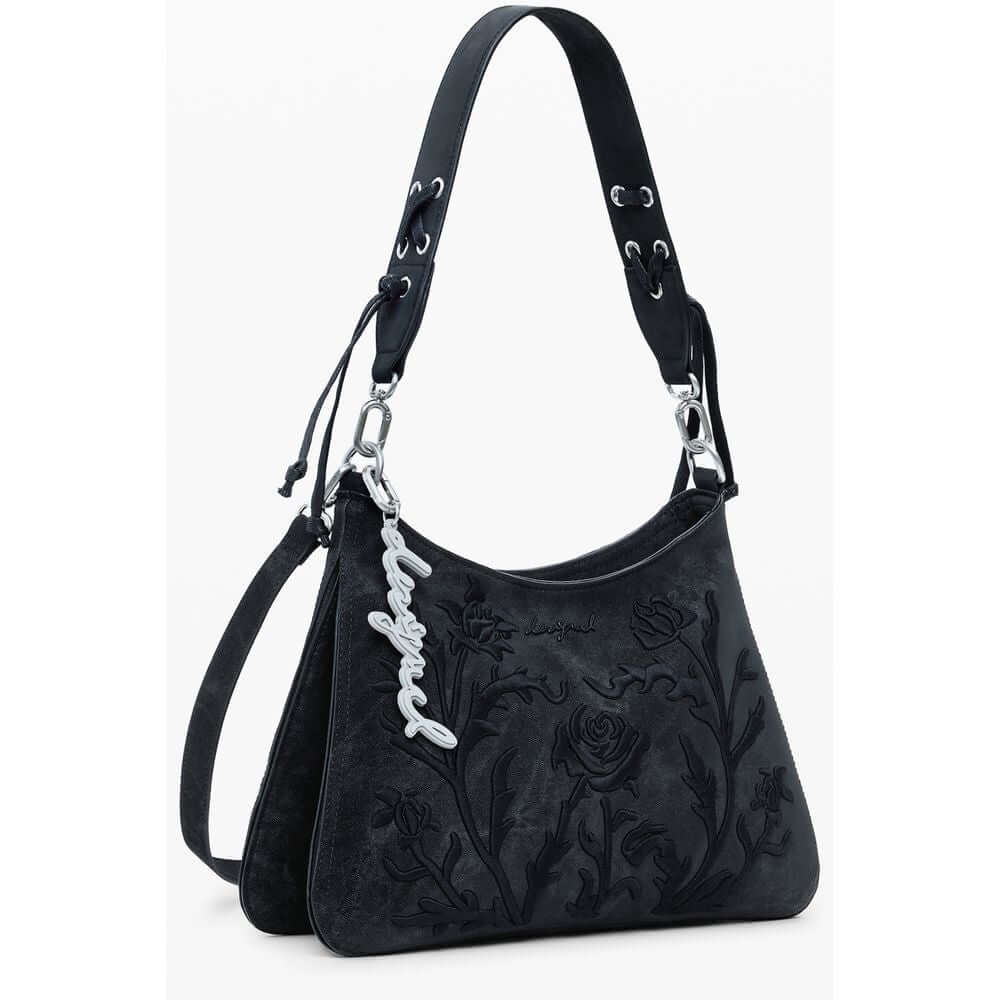 Desigual Black Polyethylene Women Handbag with floral embroidery and adjustable strap