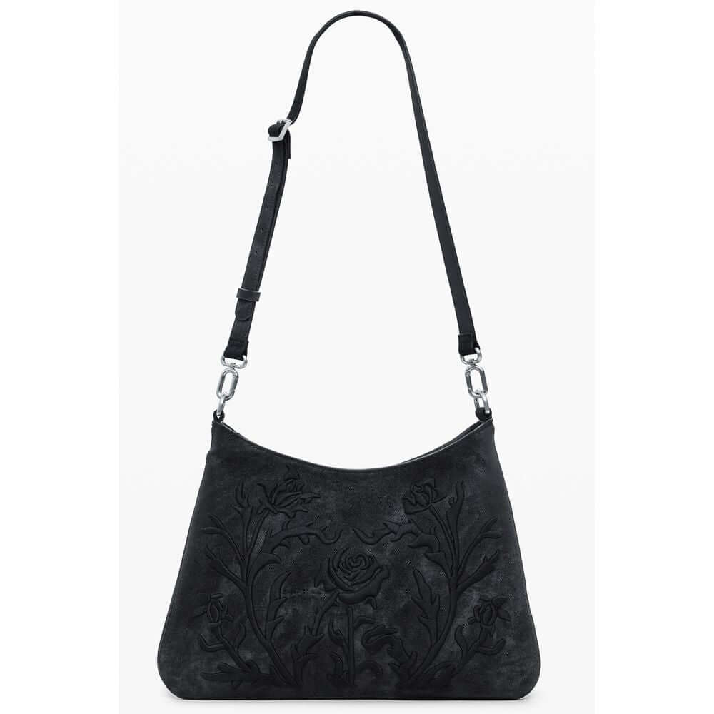 Desigual Black Polyethylene Women Handbag with floral embroidery, featuring adjustable strap and multiple compartments for versatile use.
