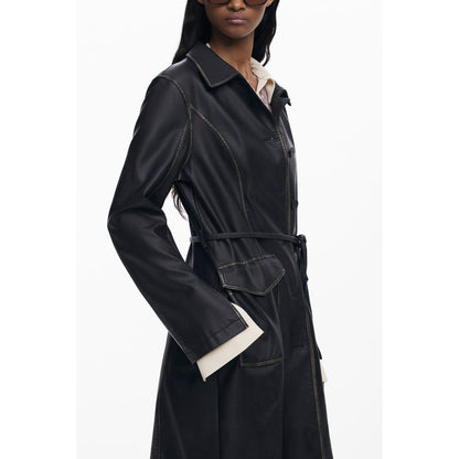 Desigual Black Polyethylene Women Coat with waist-cinching belt and contrasting accents, showcasing bold sophistication and elegance.