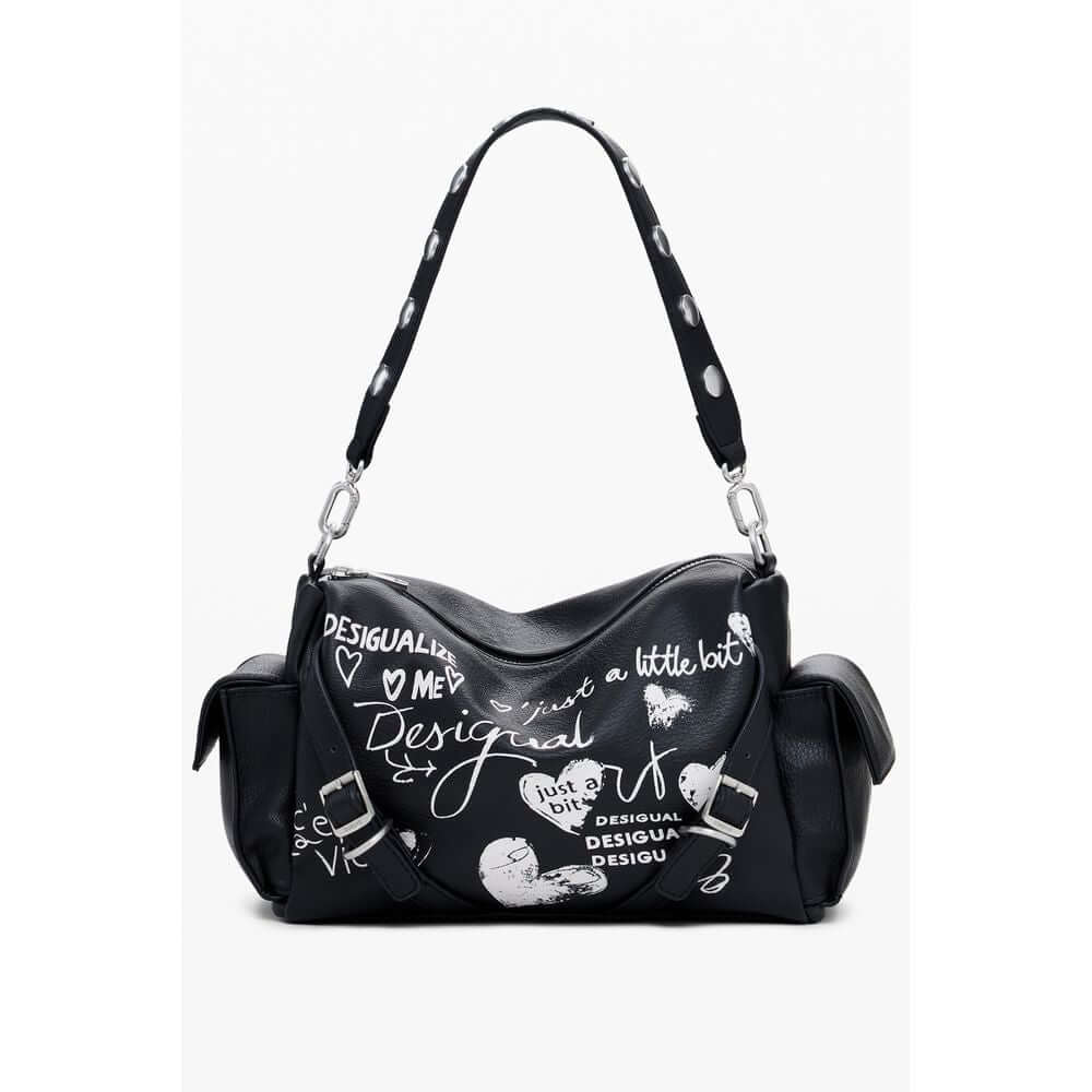 Desigual Black Polyethylene Women Handbag with removable handle and adjustable strap, featuring multiple pockets and iconic logo.